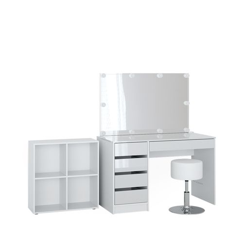 Coiffeuse Sherry 41628 Blanc 120cm 4 Pièces, Avec Étagère Sur Pied, Miroir, Tabouret, LED