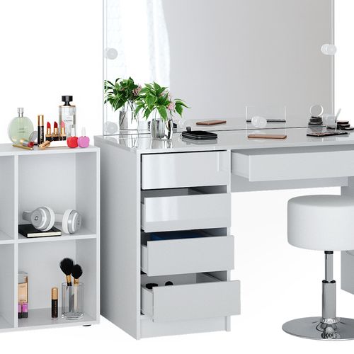 Coiffeuse Sherry 41628 Blanc 120cm 4 Pièces, Avec Étagère Sur Pied, Miroir, Tabouret, LED