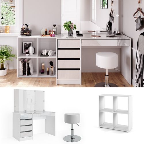 Coiffeuse Sherry 41628 Blanc 120cm 4 Pièces, Avec Étagère Sur Pied, Miroir, Tabouret, LED