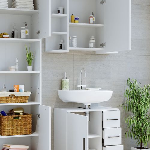 Meubles Bain Maris 41633 Blanc 2 Parties Avec Armoire Haute Et Armoire De Toilette Sdb