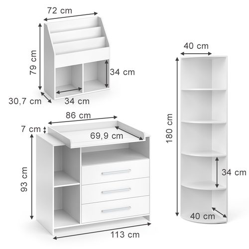 Set Chambre Enfant Oskar 41636 Blanc 3 Pièces Avec Commode à Langer, Étagère Et Bibliothèque