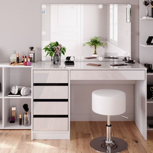 Coiffeuse Sherry 41637 Blanc 5 Pièces Avec Étagère De Rangement Étagère Sur Pied Miroir Tabouret LED