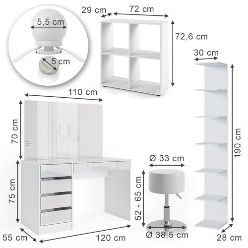 Coiffeuse Sherry 41637 Blanc 5 Pièces Avec Étagère De Rangement Étagère Sur Pied Miroir Tabouret LED