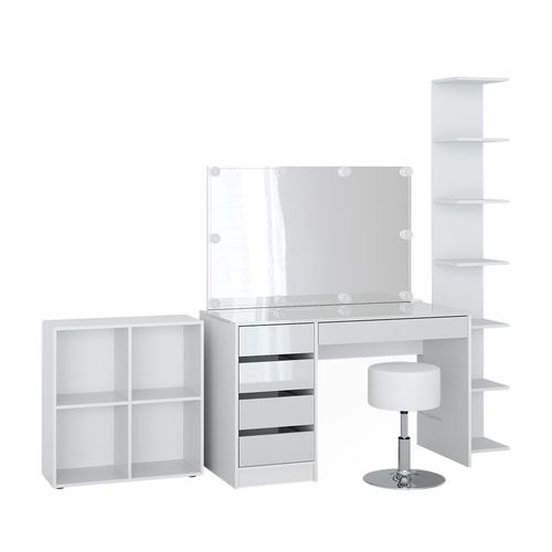 Coiffeuse Sherry 41637 Blanc 5 Pièces Avec Étagère De Rangement Étagère Sur Pied Miroir Tabouret LED