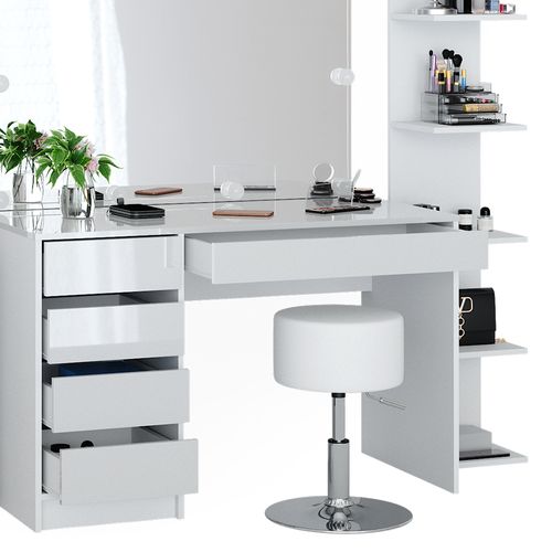 Coiffeuse Sherry 41637 Blanc 5 Pièces Avec Étagère De Rangement Étagère Sur Pied Miroir Tabouret LED