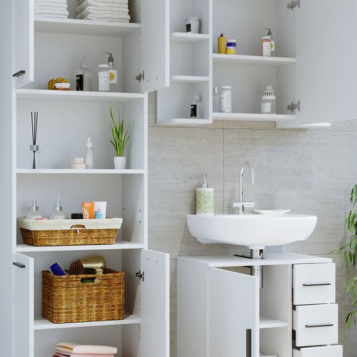 Meubles Bain Maris 41640 Blanc 3 Pièces Avec Armoire Haute, Toilette Et Sous Lavabo