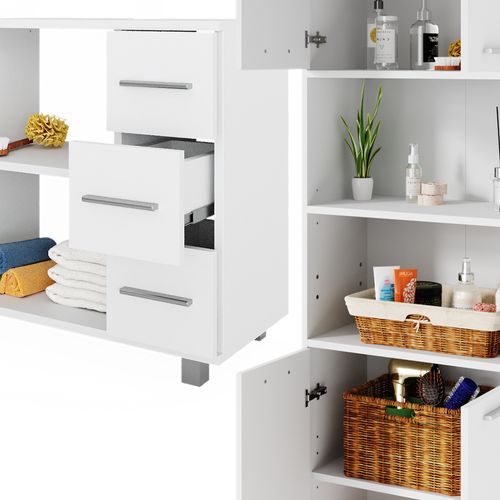 Meubles Bain Maris 41640 Blanc 3 Pièces Avec Armoire Haute, Toilette Et Sous Lavabo