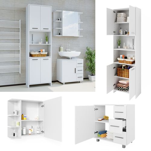 Meubles Bain Maris 41640 Blanc 3 Pièces Avec Armoire Haute, Toilette Et Sous Lavabo