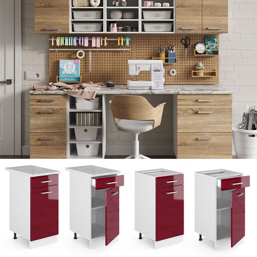 Meuble Bas Universel R-line 41646 Rouge Bordeaux Haute Brillance 40cm Avec Tiroir, Avec Pt