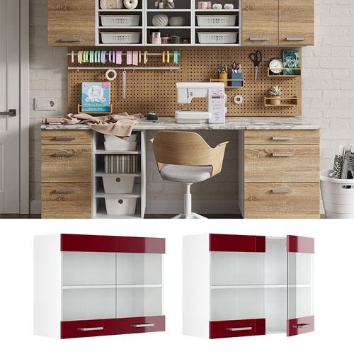 Armoire Suspendue Universelle R-line, Rouge Bordeaux Haute Brillance, 80cm Avec Portes Vitrées