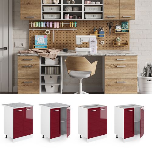 Meuble Bas Universel R-line 41732 Rouge Bordeaux Haute Brillance 60cm Avec Portes, Avec Pt