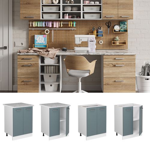 Meuble Bas Universel R-line 41739 Bleu-gris 60cm Avec Portes, Sans Pt