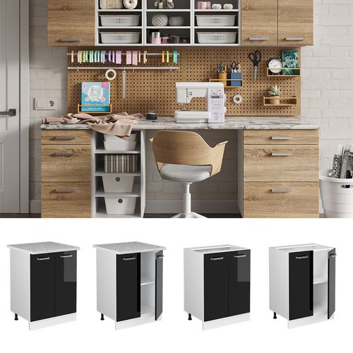 Meuble Bas Universel R-line 41742 Noir Haute Brillance 60cm Avec Portes, Avec Pt