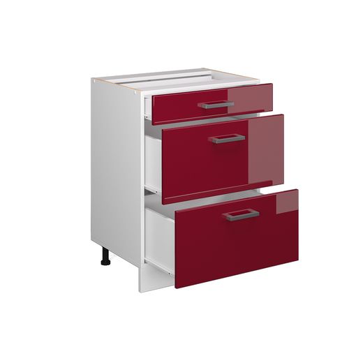 Meuble Bas Universel R-line 41769 Rouge Bordeaux Haute Brillance 60cm Avec Tiroirs, Sans Pt
