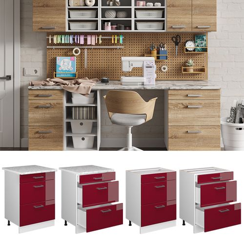 Meuble Bas Universel R-line 41769 Rouge Bordeaux Haute Brillance 60cm Avec Tiroirs, Sans Pt