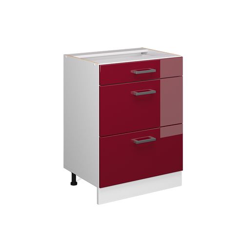 Meuble Bas Universel R-line 41769 Rouge Bordeaux Haute Brillance 60cm Avec Tiroirs, Sans Pt