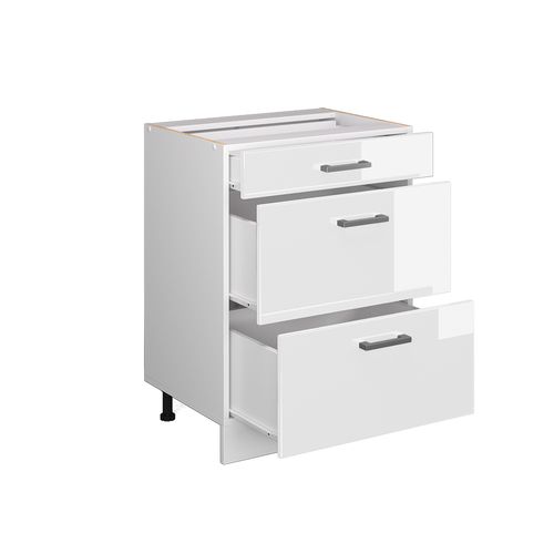 Meuble Bas Universel R-line 41785 Blanc Haute Brillance 60cm Avec Tiroirs, Sans Pt