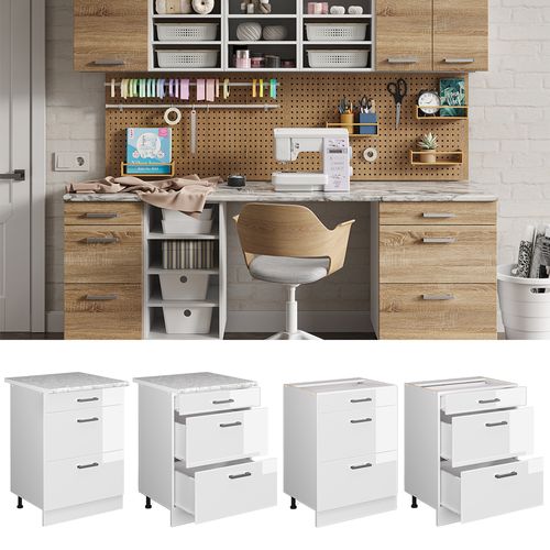 Meuble Bas Universel R-line 41786 Blanc Haute Brillance 60cm Avec Tiroirs