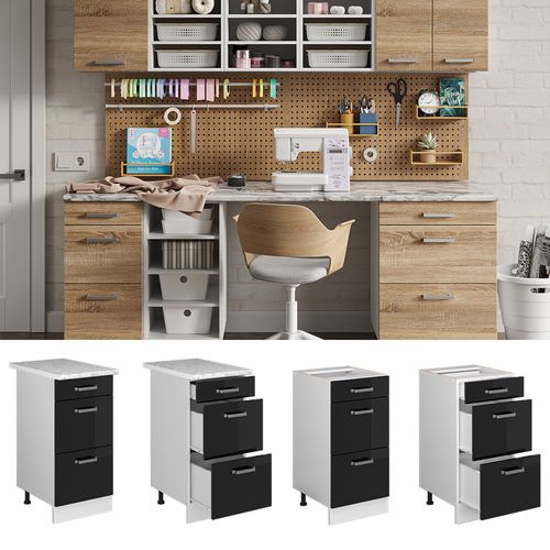 Meuble Bas Universel R-line 41801 Noir Haute Brillance 40cm Avec Tiroirs, Sans Pt