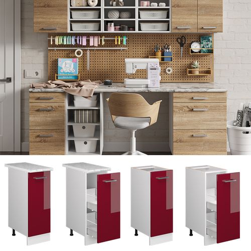 Meuble Bas Universel R-line 41833 Rouge Bordeaux Haute Brillance 30cm Avec Porte, Sans Pt