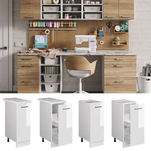 Meuble Bas Universel R-line 41850 Blanc Haute Brillance 30cm Avec Porte, Avec Pt