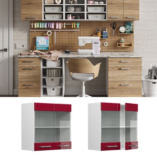 Armoire Suspendue R-line 41865 Rouge Bordeaux Haute Brillance 60cm Avec Portes Vitrées