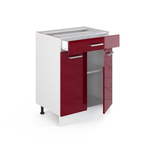 Meuble Bas Universel R-line 41912 Rouge Bordeaux Haute Brillance 60cm Avec Tiroirs, Sans Pt