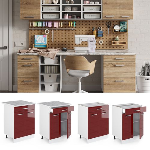 Meuble Bas Universel R-line 41912 Rouge Bordeaux Haute Brillance 60cm Avec Tiroirs, Sans Pt