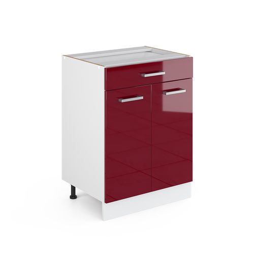 Meuble Bas Universel R-line 41912 Rouge Bordeaux Haute Brillance 60cm Avec Tiroirs, Sans Pt