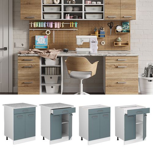 Meuble Bas Universel R-line 41920 Bleu-gris 60cm Avec Tiroirs, Sans Pt