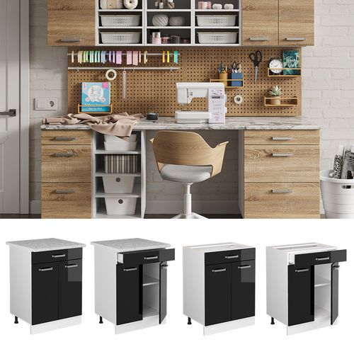 Meuble Bas Universel R-line 41923 Noir Haute Brillance 60cm Avec Tiroirs