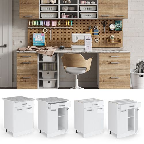 Meuble Bas Universel R-line 41927 Blanc Haute Brillance 60cm Avec Tiroirs