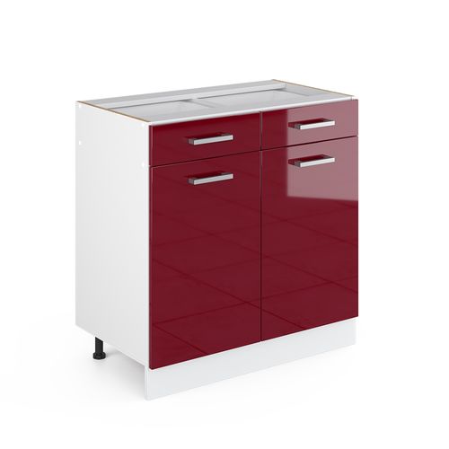 Meuble Bas Universel R-line 41952 Rouge Bordeaux Brillant 80cm Avec Tiroirs Et Portes, Sans Pt
