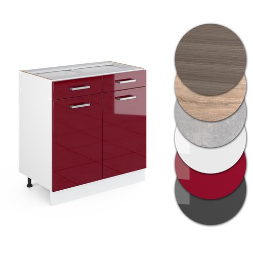 Meuble Bas Universel R-line 41952 Rouge Bordeaux Brillant 80cm Avec Tiroirs Et Portes, Sans Pt