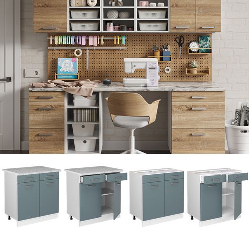 Meuble Bas Universel R-line 41961 Bleu-gris 80cm Avec Tiroirs Et Portes, Avec Pt