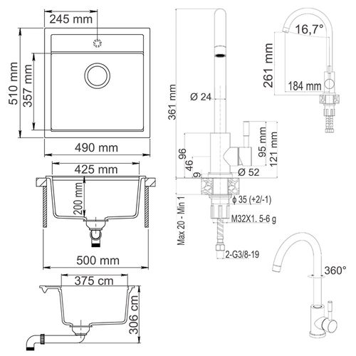 Evier  42108 Noir 49x50cm Avec Robinetterie Noire