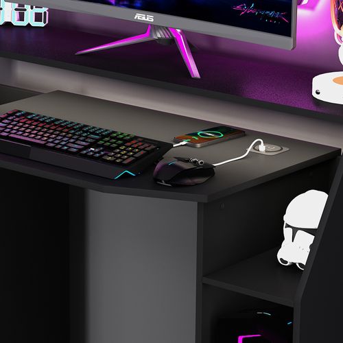 Bureau Gamer Tails, Noir, 123x45cm Avec LED Et Qi