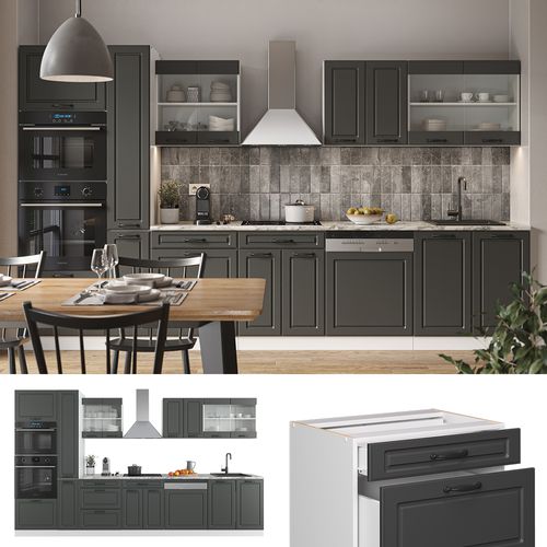 Ligne De Cuisine R-line 42192 Anthracite/blanc 350cm Avec Armoire Haute, Pt Anthracite