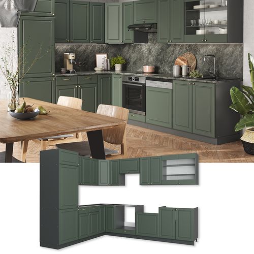 Cuisine En Angle Fame-line 42292 Vert Et Or Campagne/anthracite 287x60cm , Pt Marbre