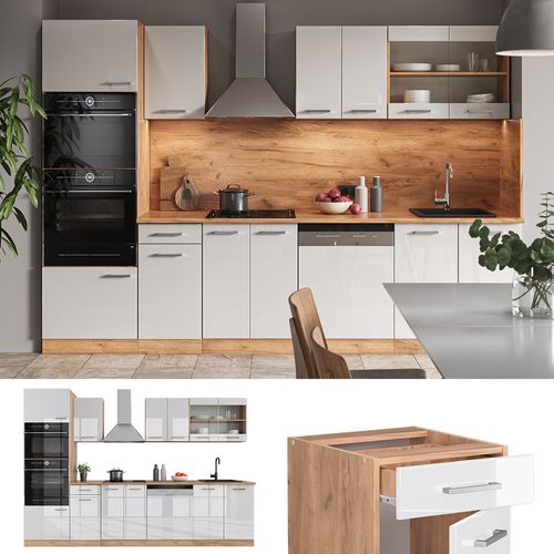 Cuisine R-line 43014 Blanc Brillant/chêne Doré 300cm Avec Armoire Haute, Pt Chêne
