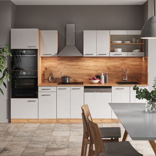 Cuisine R-line 43014 Blanc Brillant/chêne Doré 300cm Avec Armoire Haute, Pt Chêne