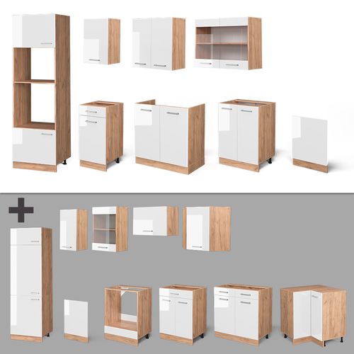 Cuisine R-line 43014 Blanc Brillant/chêne Doré 300cm Avec Armoire Haute, Pt Chêne