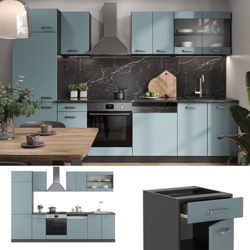 Cuisine R-line 43253 Bleu-gris/anthracite 300cm , Pt Chêne