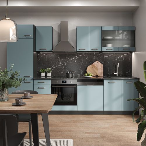 Cuisine R-line 43253 Bleu-gris/anthracite 300cm , Pt Chêne