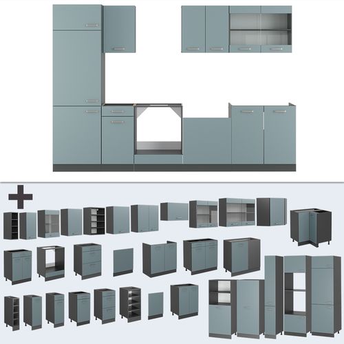 Cuisine R-line 43253 Bleu-gris/anthracite 300cm , Pt Chêne