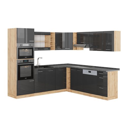 Cuisine En Angle R-line 43297 Anthracite Brillant/chêne Doré 247x60cm , Pt Anthracite