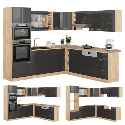 Cuisine En Angle R-line 43297 Anthracite Brillant/chêne Doré 247x60cm , Pt Anthracite