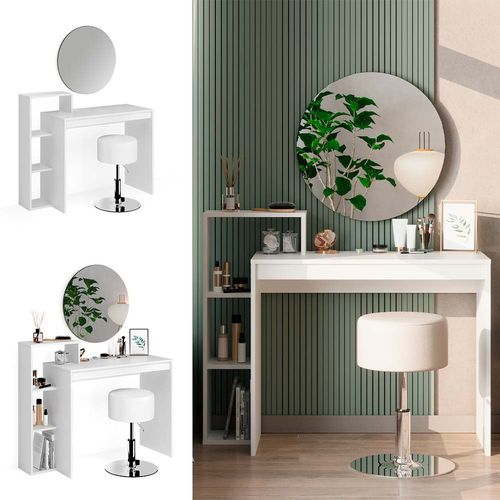 Coiffeuse Leo 43391 Blanc 100cm Avec Miroir Et Tabouret