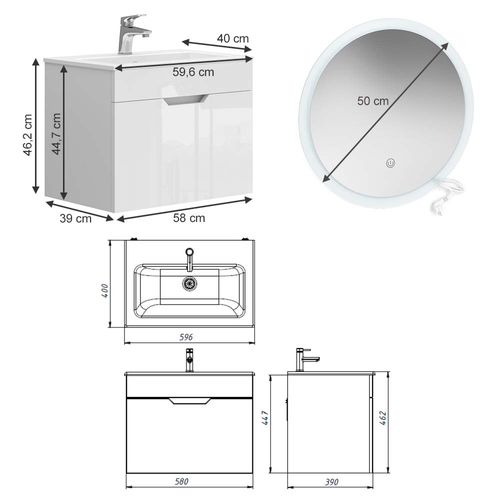 Ensemble De Meubles Stefanie 43400 Blanc 3 Pièces, Armoire Basse 60 Cm, Miroir LED