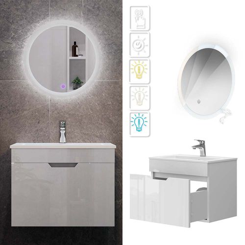 Ensemble De Meubles Stefanie 43400 Blanc 3 Pièces, Armoire Basse 60 Cm, Miroir LED